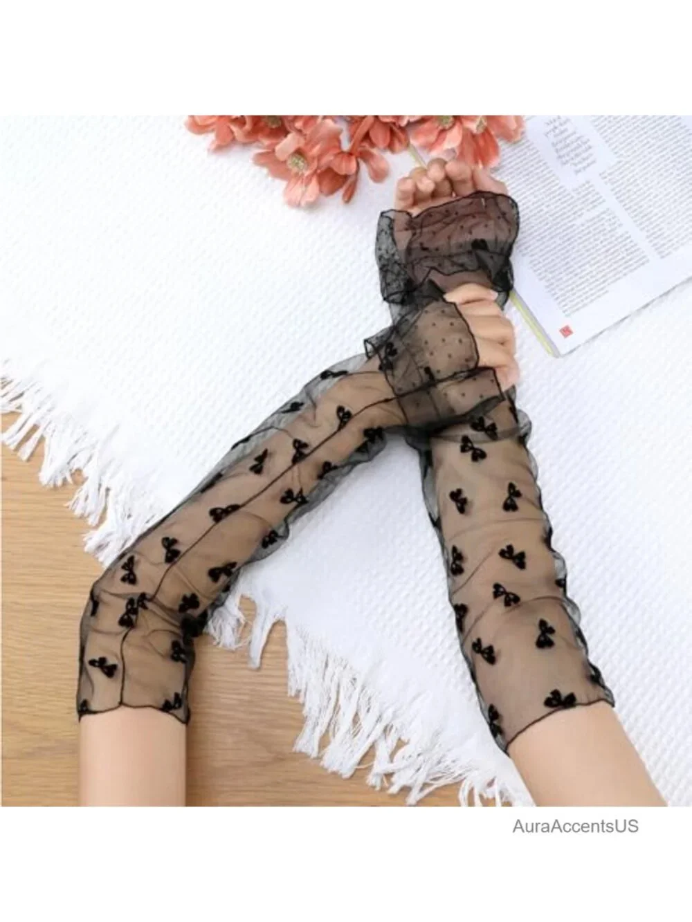 Long Polka Point Bowknot Lace Pleated Gloves Fashion Fingerness Arm Sleeves for